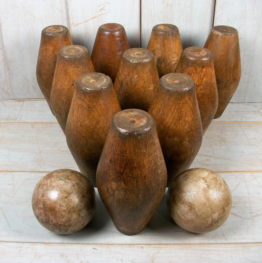   full set of ten antique oak garden Skittles